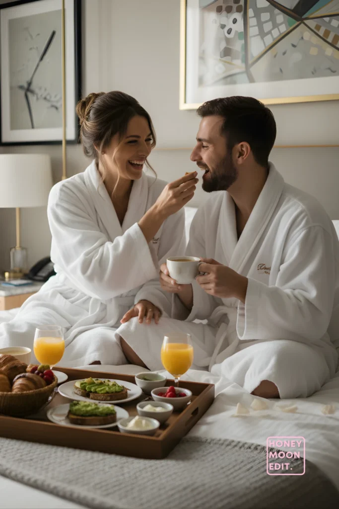 couple having breakfast on bed